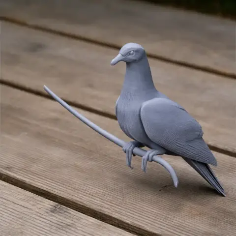 Gray 3D-printed prehistoric pigeon model perched on wooden surface.