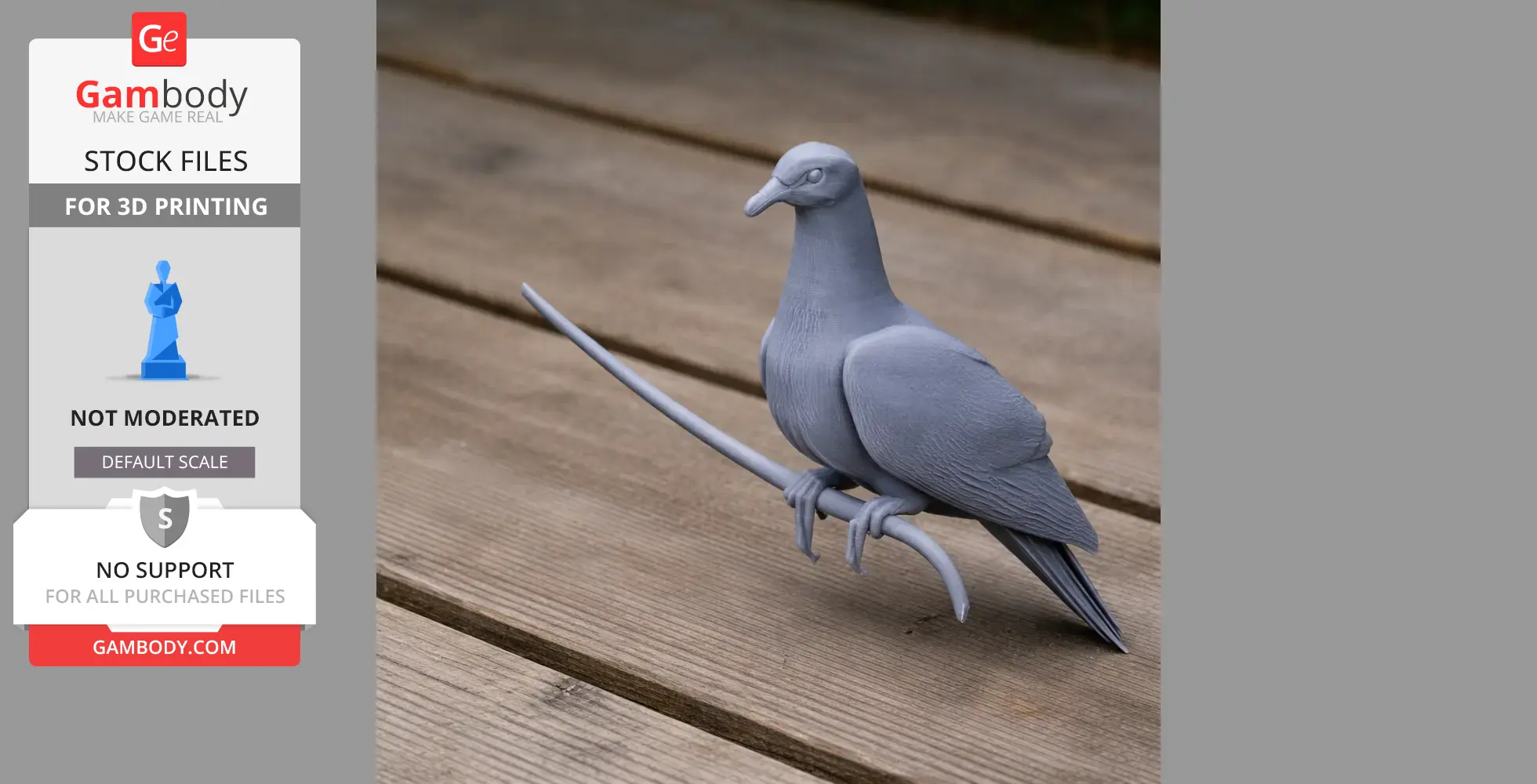 Gray 3D-printed model of a prehistoric pigeon with detailed feathers, perched on a curved branch.