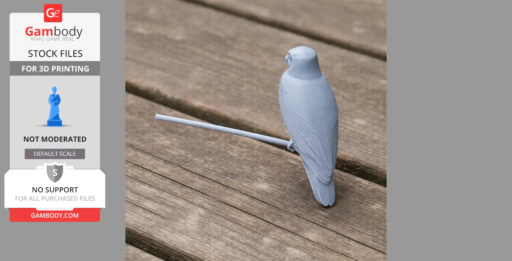 3D printed model of a perched owl on a rod, displayed on a wooden surface.