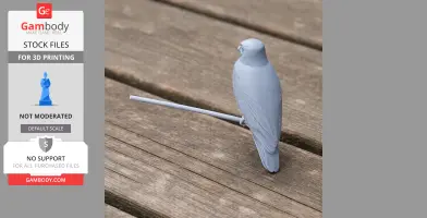 3D printed model of a perched owl on a rod, displayed on a wooden surface.