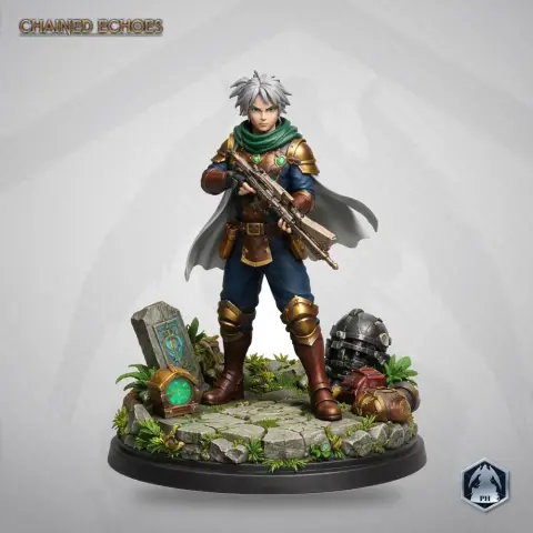 Young warrior with a rifle, cape, and armor, standing on a detailed, rocky base with gear and foliage.