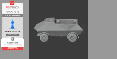Gray, armored vehicle model for 3D printing, featuring angular design and round wheels.