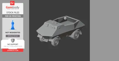 Gray 3D model of an armored vehicle with an open top and four wheels, designed for 3D printing.