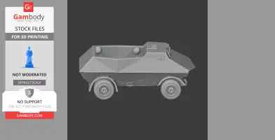 Gray 3D model of an armored vehicle with angled surfaces and four wheels, designed for 3D printing.