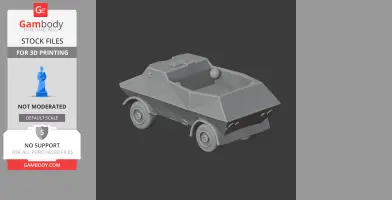 Gray 3D model of an armored vehicle with angular design and four wheels, suitable for 3D printing.