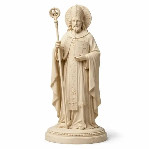 A detailed 3D statue of a religious figure holding a staff, wearing ornate robes and a mitre.