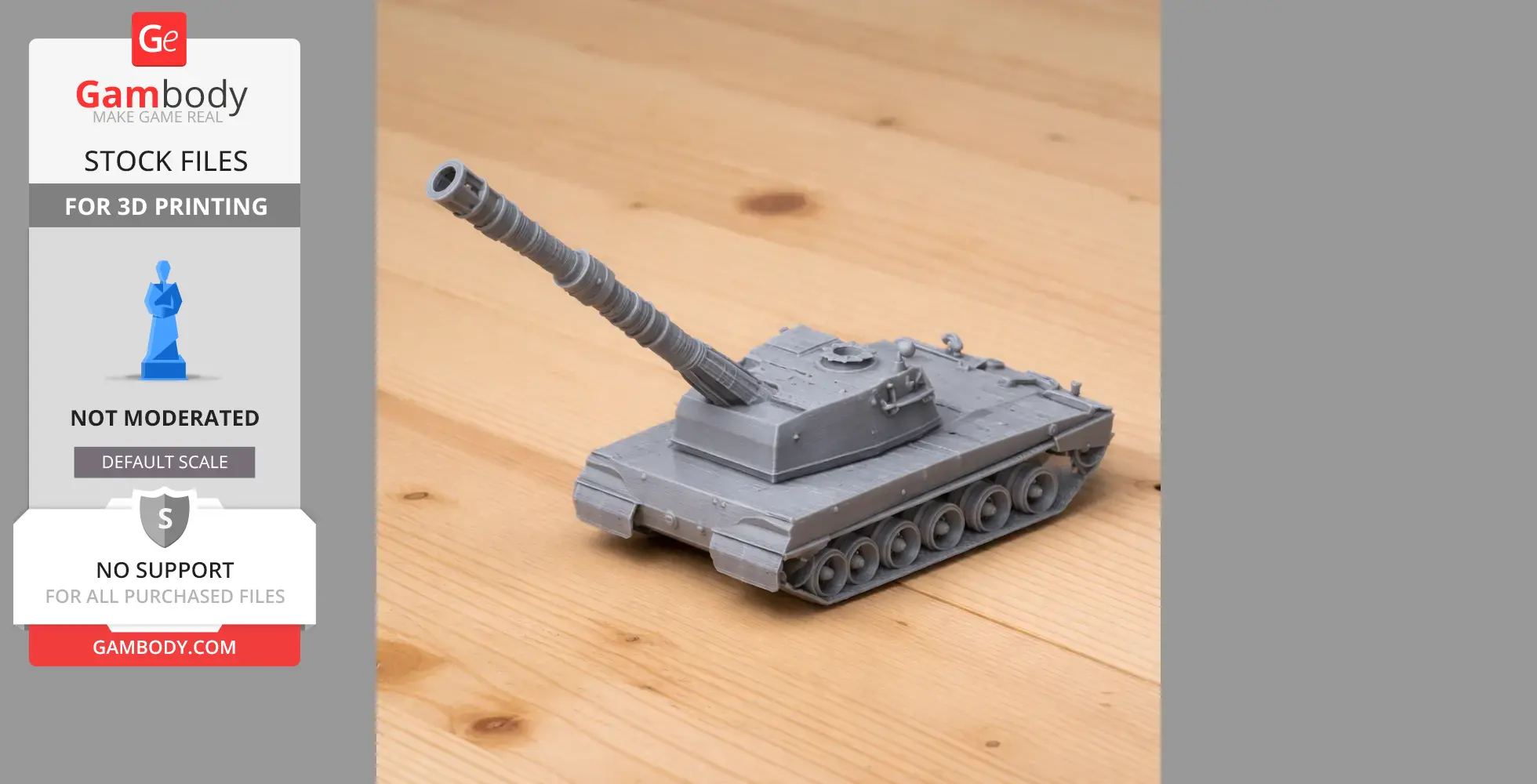 Gray 3D-printed model of Palmaria artillery tank on a wooden surface.