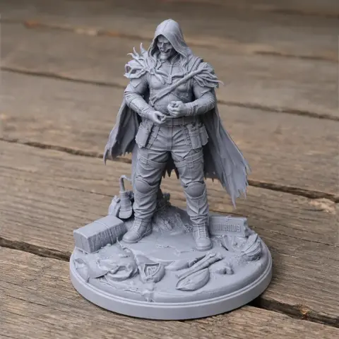 Hooded character figure with detailed armor and cape, standing on a themed base.