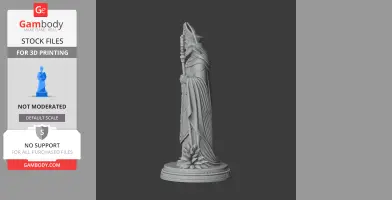 Ornate 3D statue of a robed figure with staff, standing on a decorated circular base.