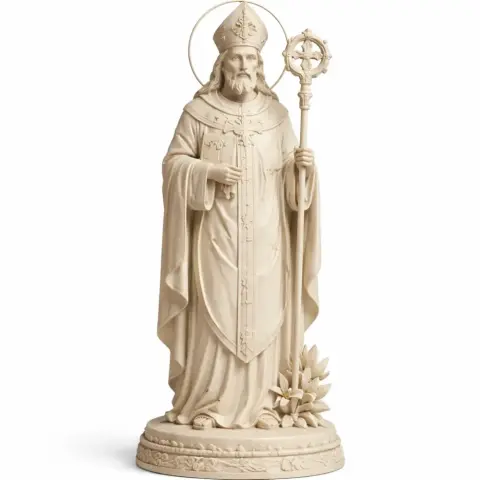 Saintly figure holding a staff, wearing robes and a mitre, with a halo and flowers on the base.