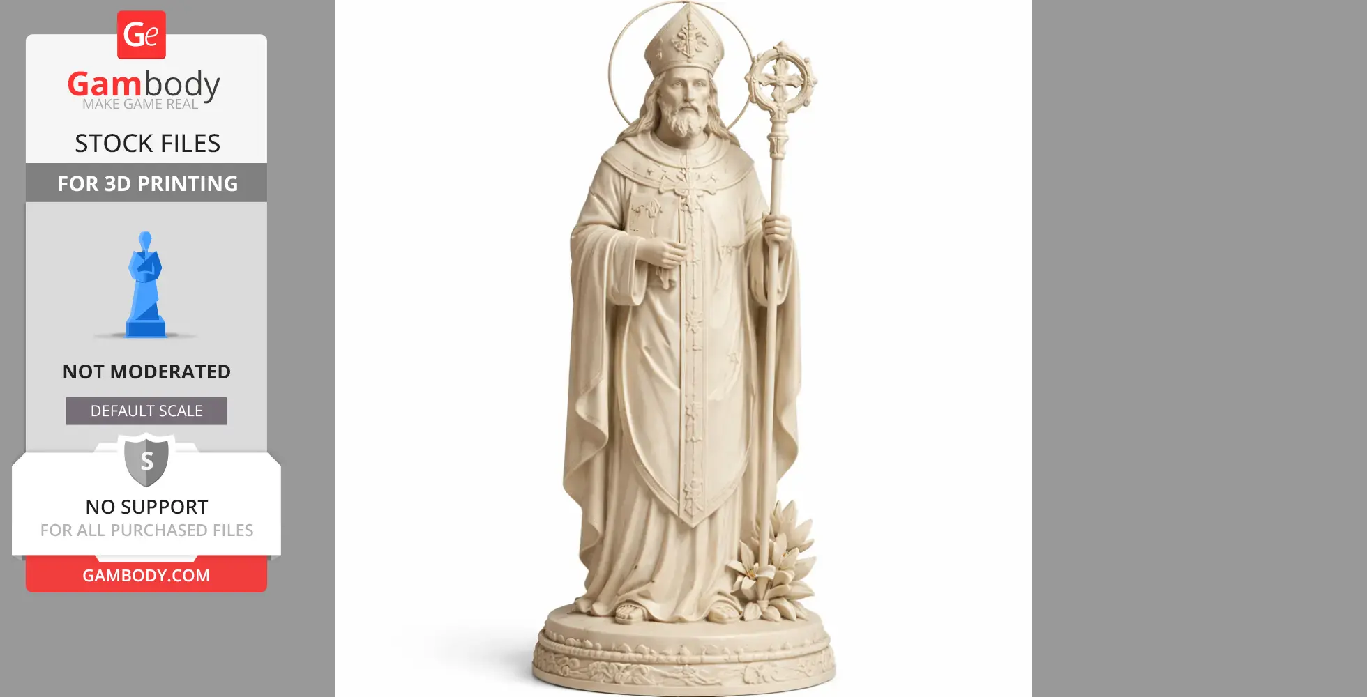 A detailed statue of a saint holding a staff, wearing robes and a mitre, on a decorative base with floral designs.