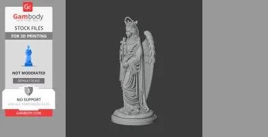 A detailed statue of a crowned female figure with wings holding a cross, standing on a decorated base.