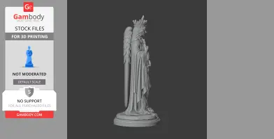 A 3D model of a winged, crowned statue holding a book, standing gracefully on a decorative base.
