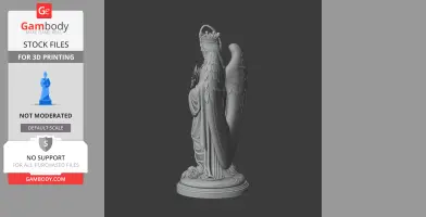 Winged statue of a crowned figure in robes, standing on a decorated round base.