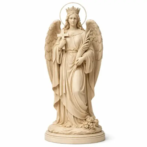 Winged statue holding a cross and palm branch, crowned, draped in robes, standing on a floral base.