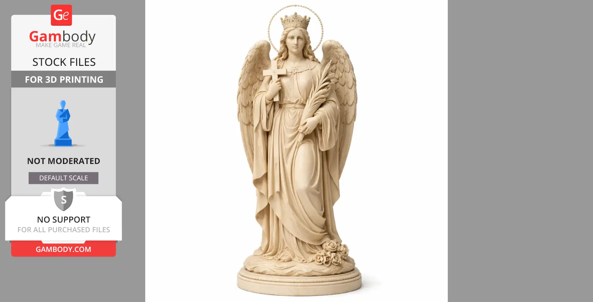 A detailed statue of Saint Augusta with wings, holding a cross and branch, wearing a crown and halo.