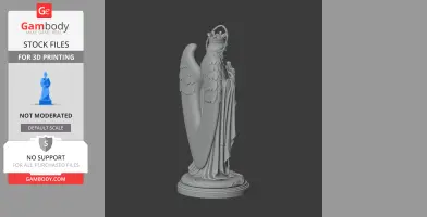 Winged statue of a crowned figure in flowing robes on a round base.