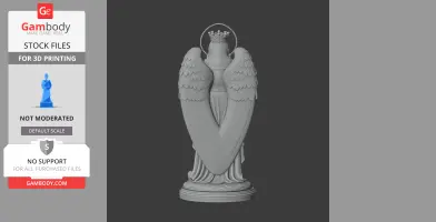 Statue of a robed figure with large wings and a crown, standing on a decorative base.