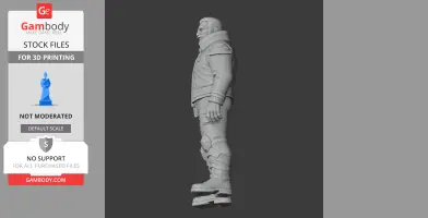 A side-view of a 3D character model in a futuristic uniform, ready for 3D printing.