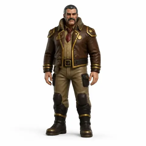 A rugged character with a mustache, wearing a brown leather jacket and boots, from Deep Rock Galactic.