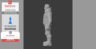 Side profile of a rugged, armored character figure from Deep Rock Galactic, ready for 3D printing.