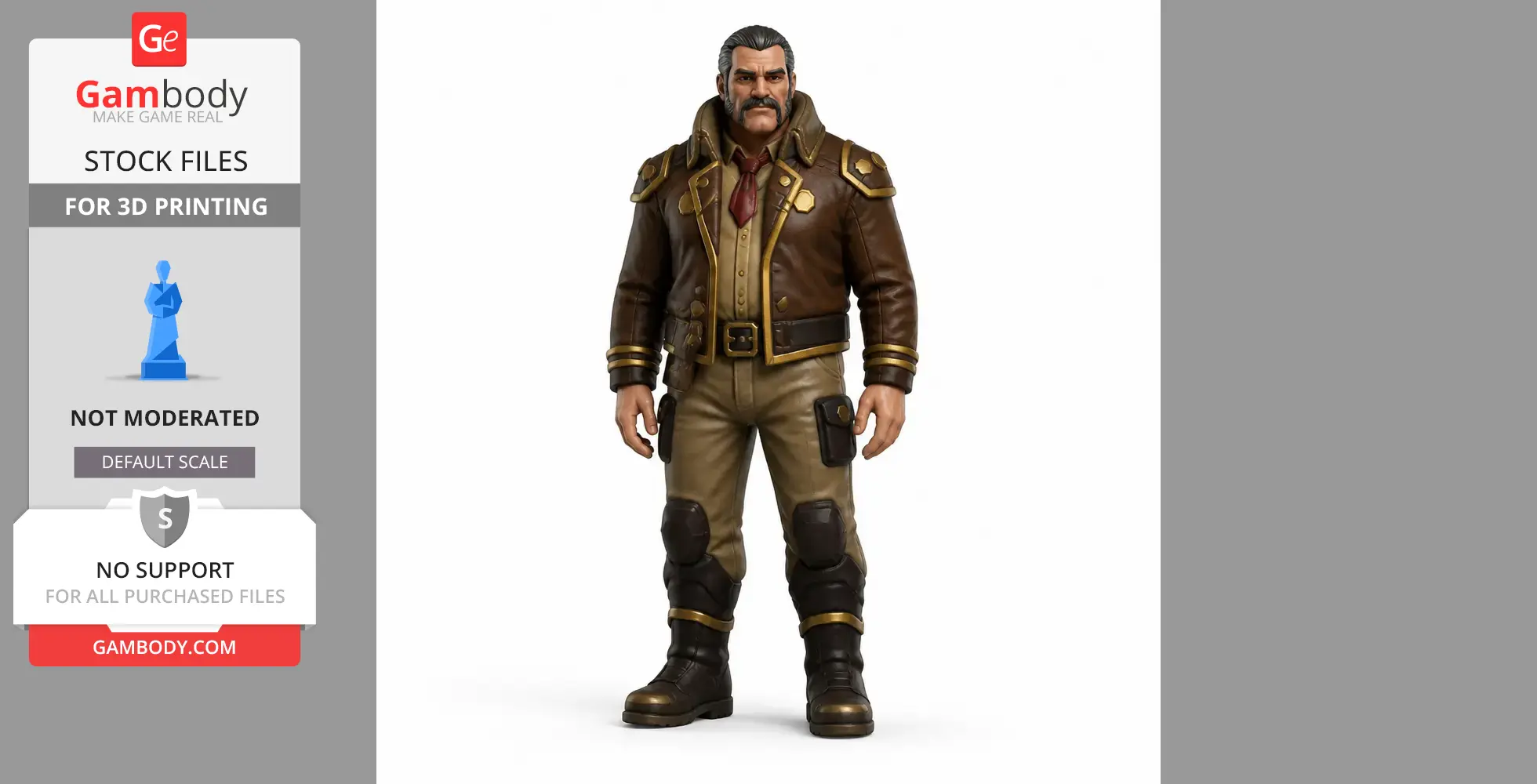 A rugged character in a brown jacket and boots, suitable for 3D printing.