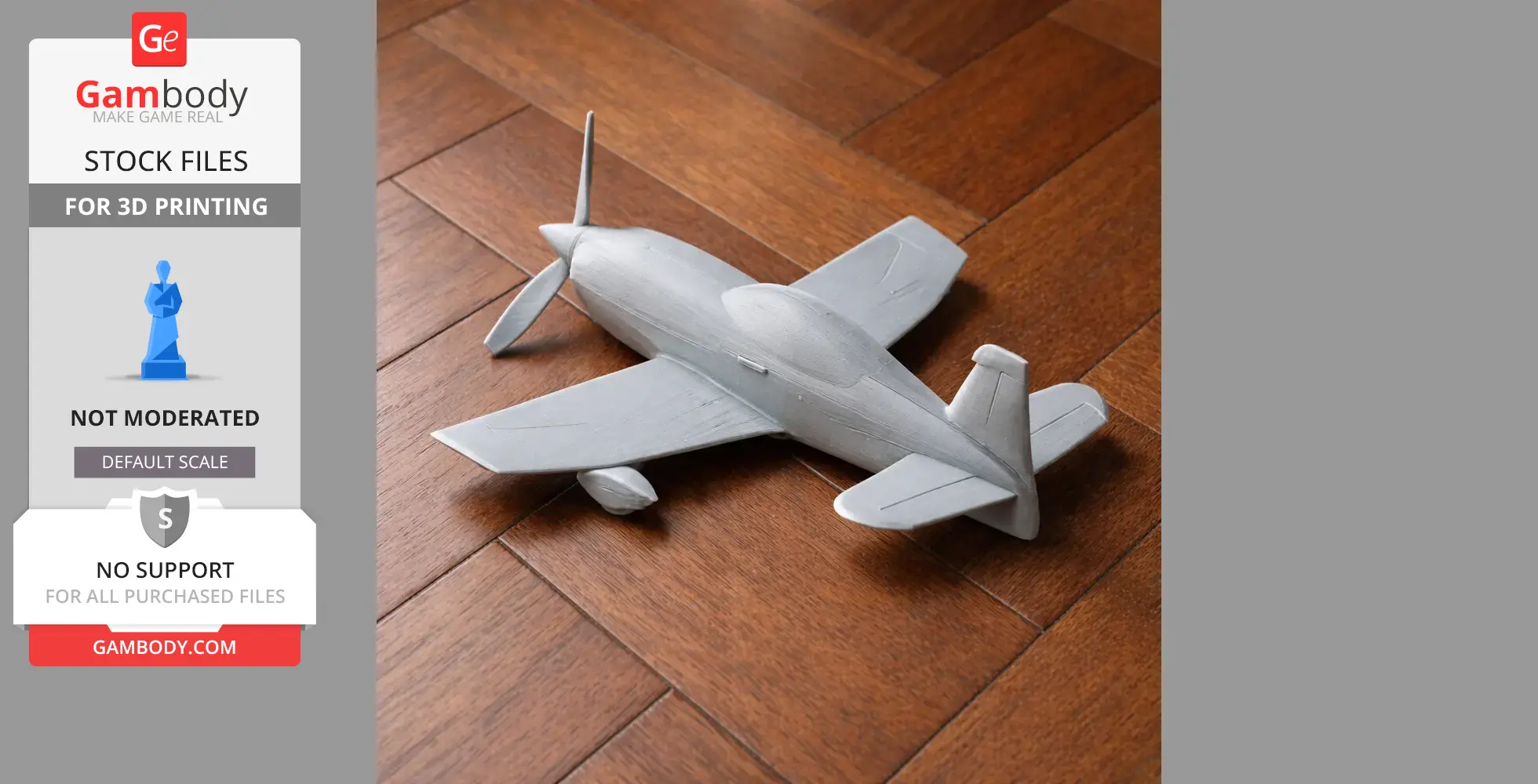 A 3D-printed model of the Extra EA-300 airplane on a wooden floor.