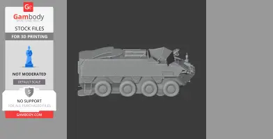 Gray 3D model of a six-wheeled armored military tank, side view, for 3D printing.
