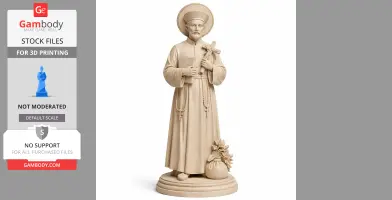 Statue of a robed man holding a cross and book, standing on a pedestal with a floral decoration.