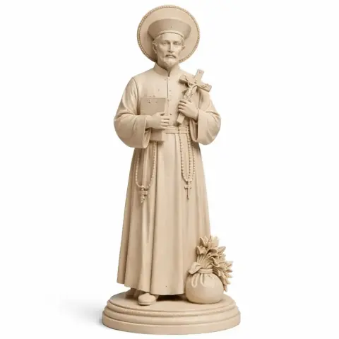 A devotional statue of a man in religious attire holding a book and cross, with a floral base.
