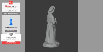 Devotional statue of a robed figure with hat, holding a book, displayed on a round base.