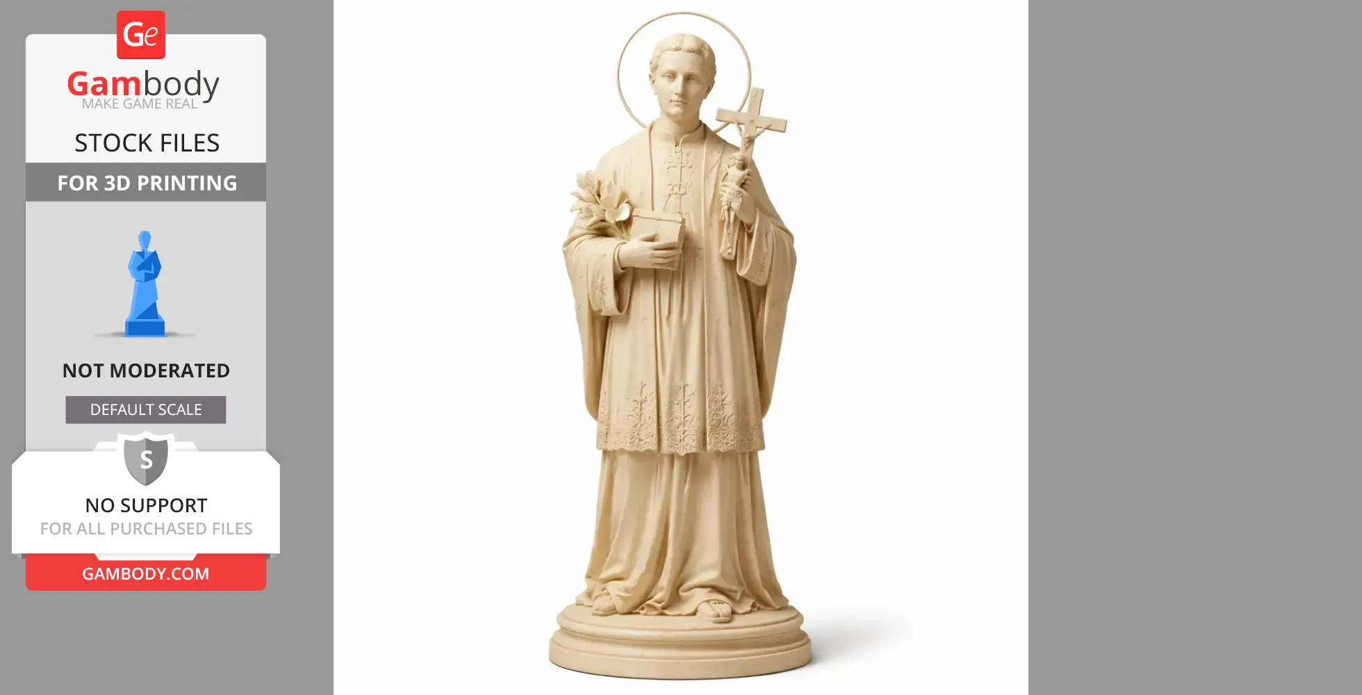 A detailed 3D model of a religious figure holding a book and cross, with a halo, in flowing robes.