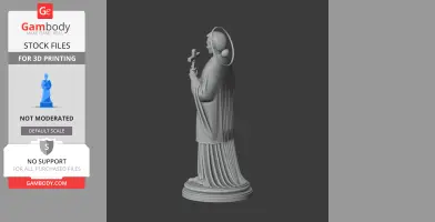 A 3D model of a saintly figure holding a cross, dressed in robes, and featuring a halo.