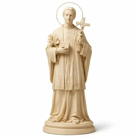 A standing devotional statue with a halo, holding a cross and book.