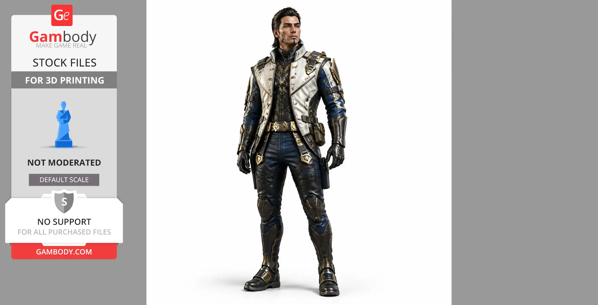 A detailed 3D model of a warrior in futuristic armor, ready for 3D printing.
