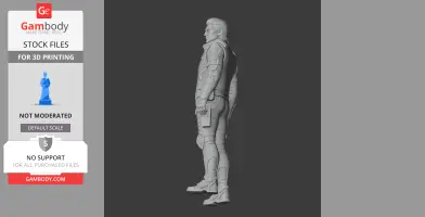 A detailed 3D model of a futuristic armored character from a video game, viewed from the side.