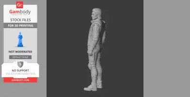 A detailed side view of a 3D printable armored figurine with tactical gear from a video game.