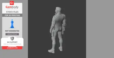 A 3D model of a character in futuristic armor, standing in a confident pose, viewed from the back.