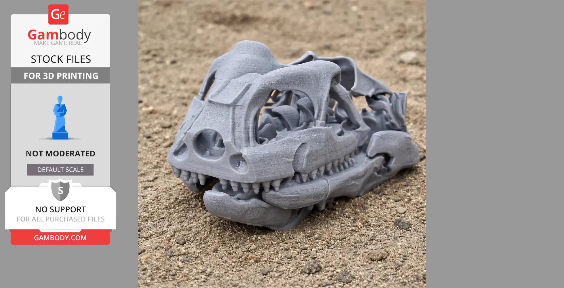 3D-printed Yi dinosaur skull replica on a sandy surface.