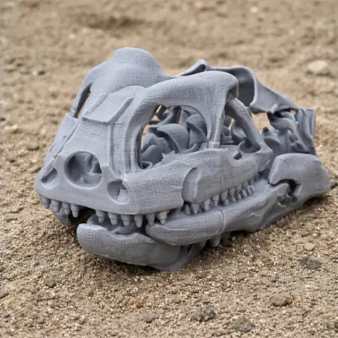3D printed Yi dinosaur skull replica with detailed structure, displayed on a sandy surface.
