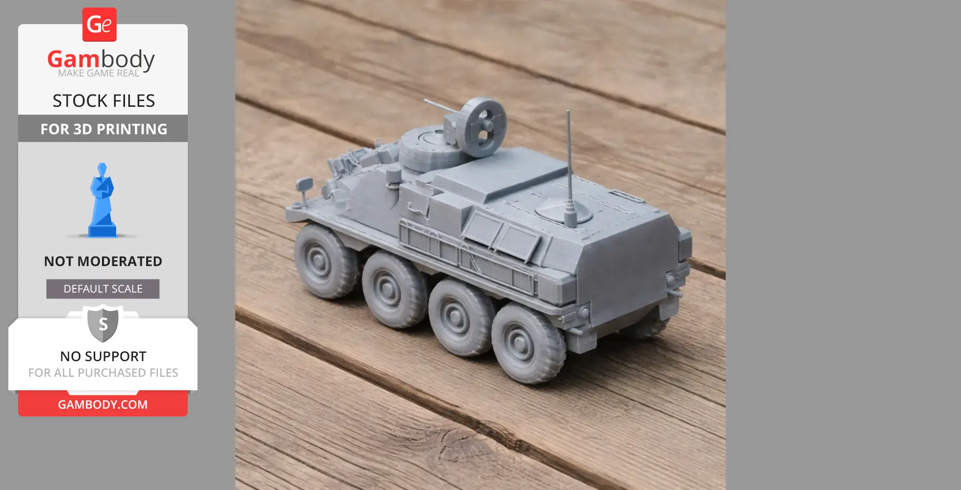3D printed Panhard VCR tank model with six wheels on a wooden surface.