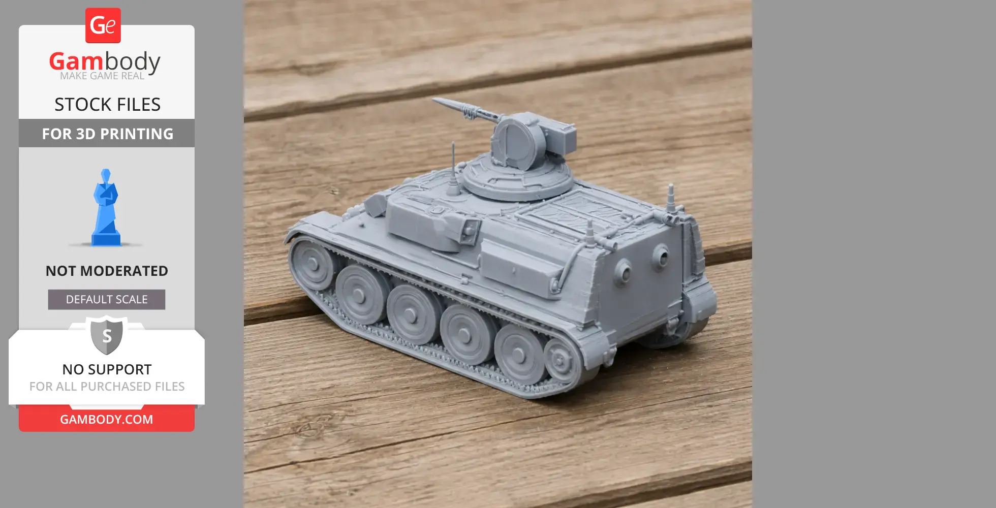 Gray 3D-printed model of a Pansarbandvagn 401 tank on a wooden surface.