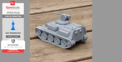 Gray 3D-printed model of a Pansarbandvagn 401 tank on a wooden surface.