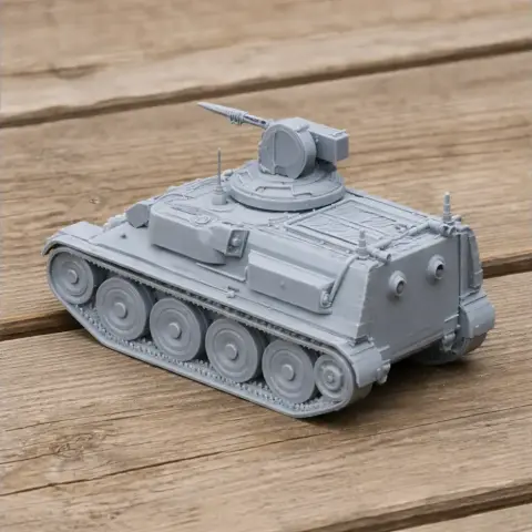 3D-printed model of a Pansarbandvagn 401 tank with detailed tracks and turret on a wooden surface.