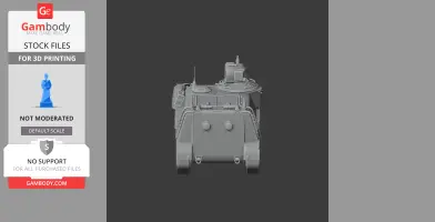 A detailed rear view of a military tank 3D model for printing, showing antennas and turret detail.