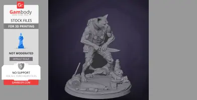 A muscular humanoid cat with goggles and a knife, standing on a base with debris and skulls.
