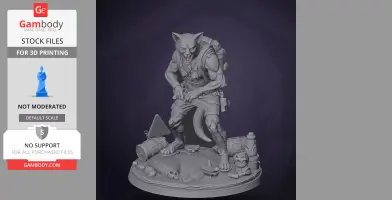 A muscular cat mutant character standing on a detailed base with scattered objects and a backpack.