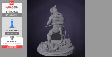 Armored cat mutant figure with a knife, standing on a detailed base with debris.