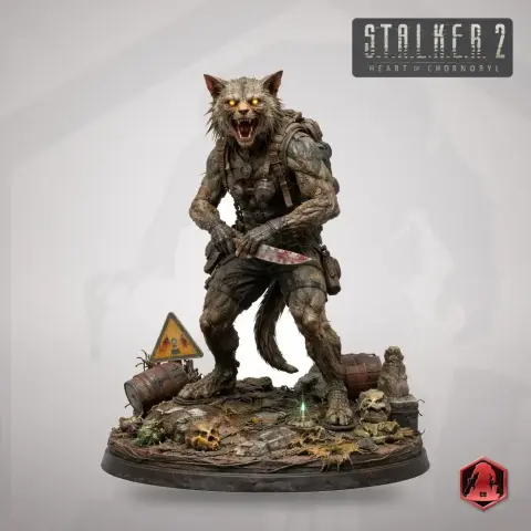 Mutant cat figure with glowing eyes, holding a knife, on a detailed base with barrels and warning signs.