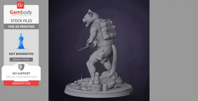 Mutant cat figure with gear and knife, standing on a detailed base with items.